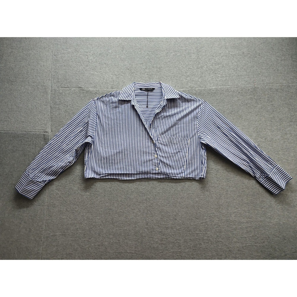 ZARA Women Shirt XL Blue Stripe 100% Cotton Cropped Button Down Long Sleeve Cozy